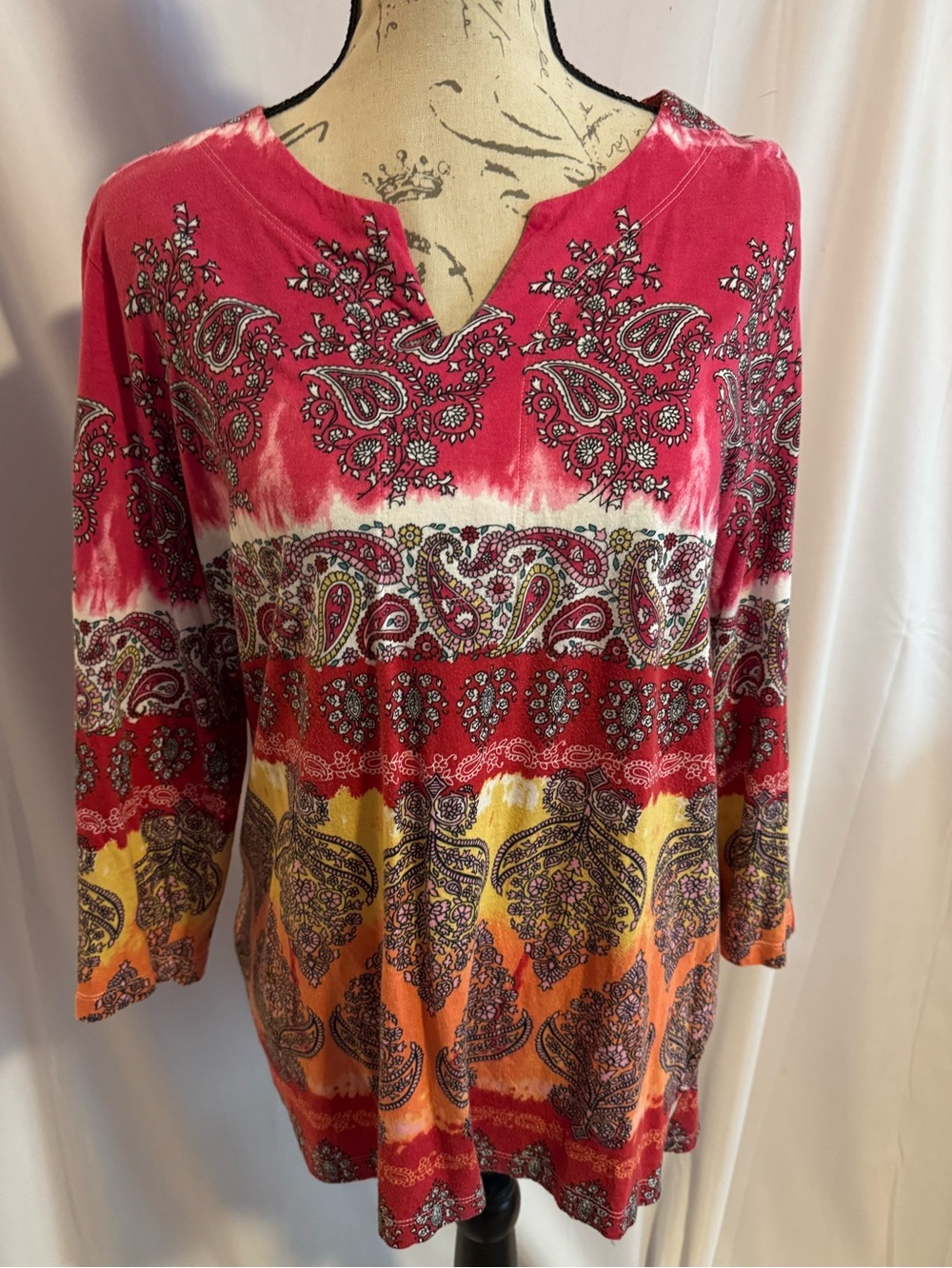 Chico's Paisley Split-Neck Tunic in Red, Orange and Yellow